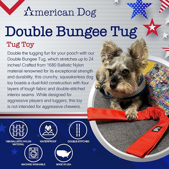 American Dog Double Bungee Tug – Durable Tug Dog Toy Made in USA from Pet-Safe, Machine-Washable 1680 Nylon Ballistic Material for Bonding, Play Time, Mental Stimulation, Exercise, Training, & More