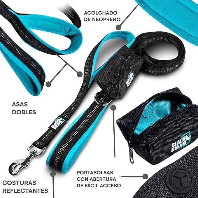 Black Rhino Heavy Duty Dog Leash for Medium and Large Dogs - 6 ft Long Double Handle Leash with Padded Traffic Control Handles and Bag - Reflective, Durable, and Weather Resistant (Sport Blue)