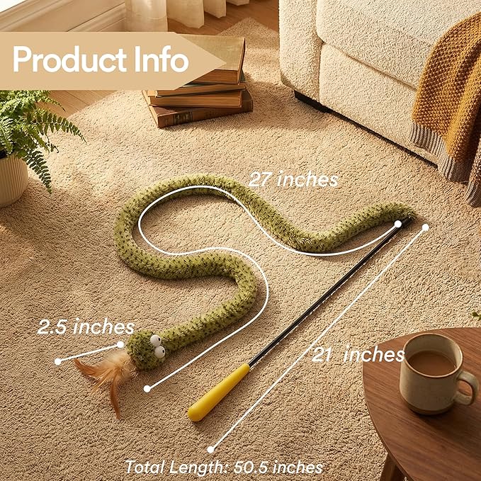 ZEZE Forest Snake Cat Teaser Wand Toy, 50.5” Interactive Feather Cat Toy with Crinkle Sound, Flexible Rubber Wand & Non-Slip Handle for Indoor Cats Play