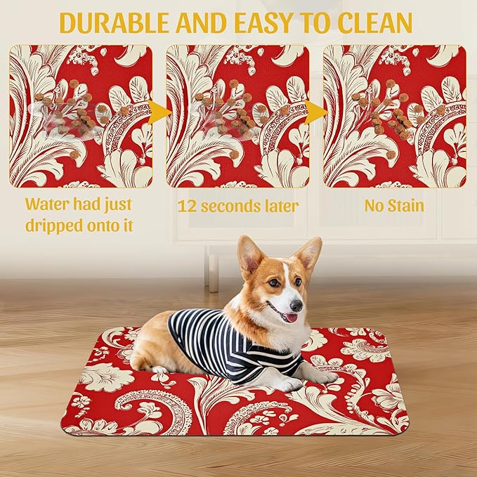 Red White Paisley Pet Food Mat, Absorbent Feeding Pad for Dogs and Cats, Waterproof Anti-Slip Base – 12x20 Inch