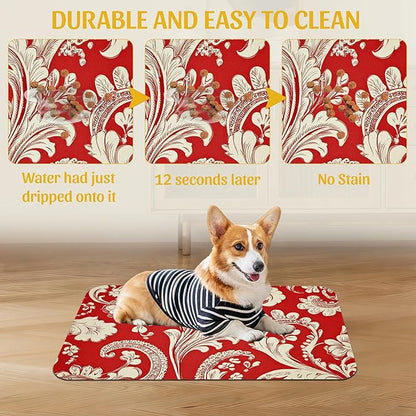 Red White Paisley Pet Food Mat, Absorbent Feeding Pad for Dogs and Cats, Waterproof Anti-Slip Base – 16x24 Inch
