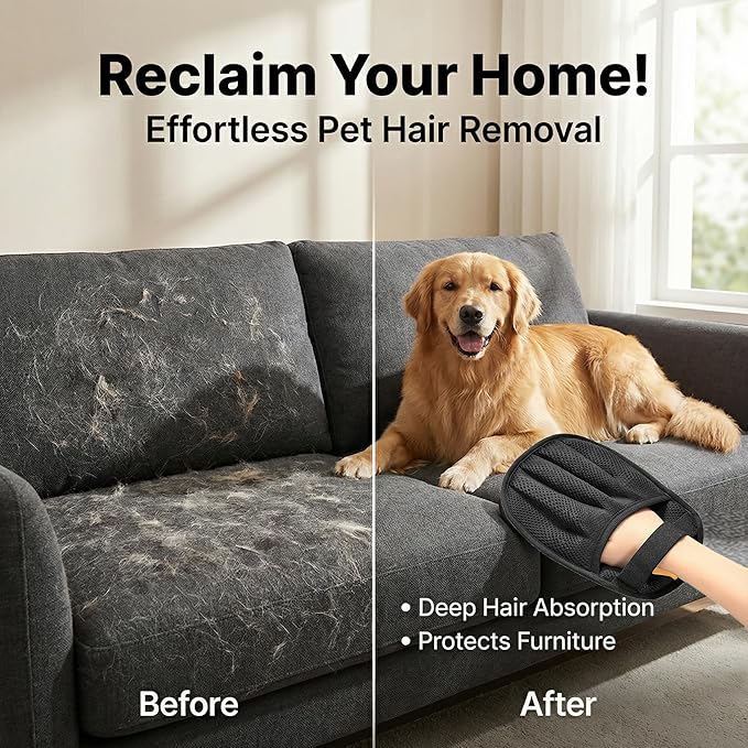 2 Pack Upgraded Pet Hair Removal Gloves for Cats & Dogs, Five-Finger Electrostatic Reusable Magic Brush for Effortless Pet Hair Remover Tool on Carpet, Clothing, Laundry, Couch, Car Seat (Black)