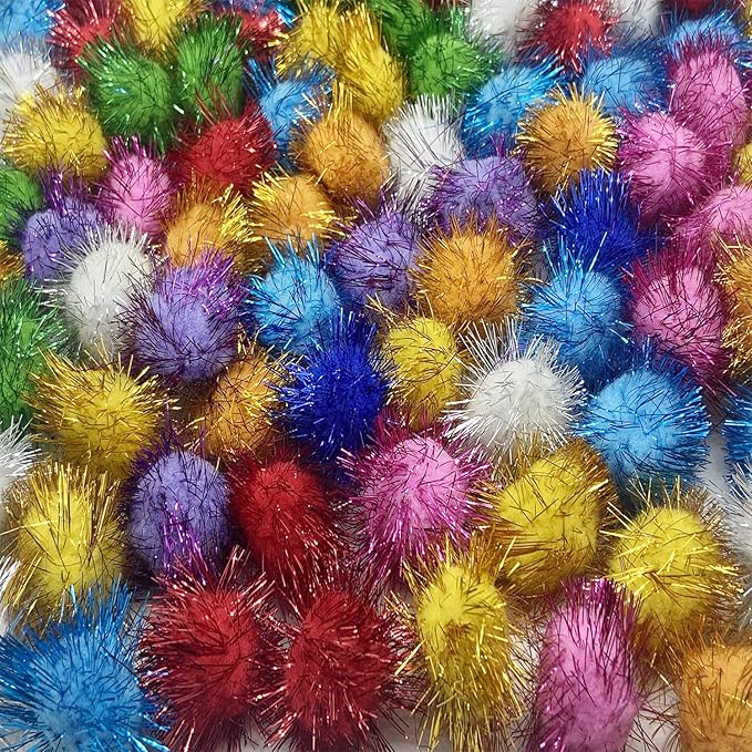 100 Pcs Assorted Color Sparkle Balls, 1.8 Inch Pom Pom Cat Toys Fuzzy Cat Balls, for Kittens Exercise and Entertainment, Color Random