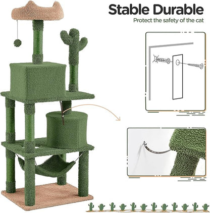 Yaheetech Cactus Cat Tree for Indoor Cats, 62in Cat Tower with Scratching Posts, Hammock & Dangling Ball, Multi-Level Condo Activity Center Furniture