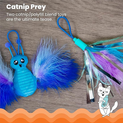 Catstages Tail Teaser Air Prey Cat Wand Toy for Indoor Cats, Interactive Cat Toy with 2 Feathered Catnip Toys, Crinkle Sounds, and Durable Rope for Leaping Play, Blue