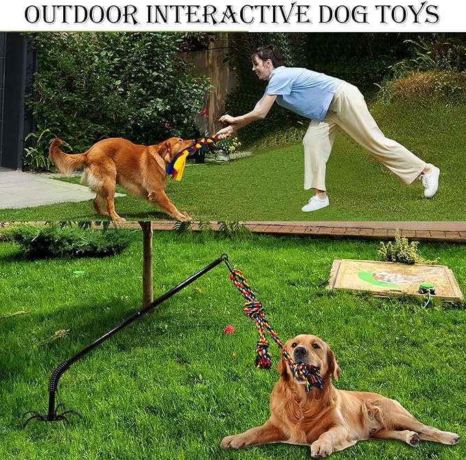 Outdoor Interactive Dog Toys,Tether Outdoor Dog Tug Toy Exercise Equipment in Yard Park with 2 Rope Toy for Large Medium Small Dogs Pull Chase and Tug of War