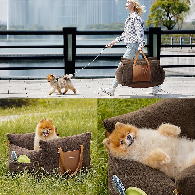 Lesure Small Dog Car Seat for Small Dogs - Sherpa Dog Booster Seat for Car with Storage Pockets and Clip-On Safety Leash and Thickened Memory Foam Filling, Puppy Travel Carrier Bed, Espresso