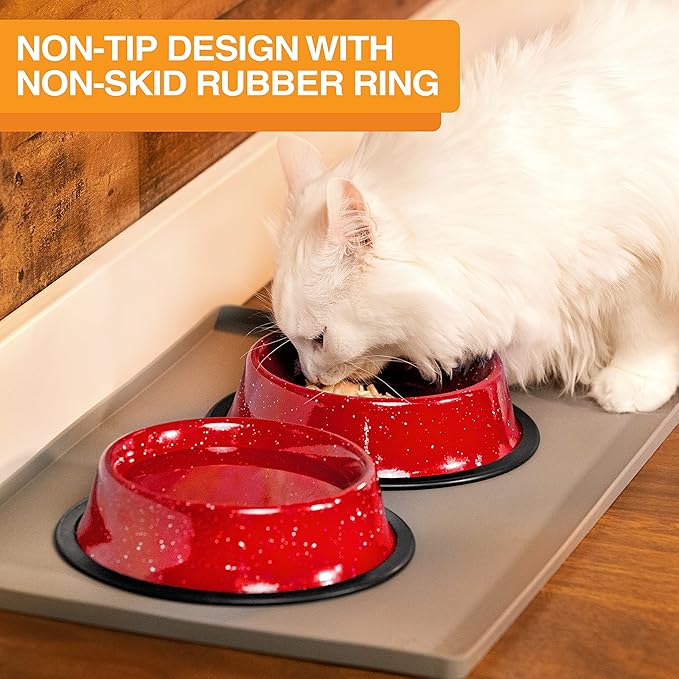Neater Pet Brands - Outdoor Camping Style Pet Bowl - Enamel Ware Blue Black Granite Colors - Dog Cat No Tip Skid Bowls (16 oz, Red)