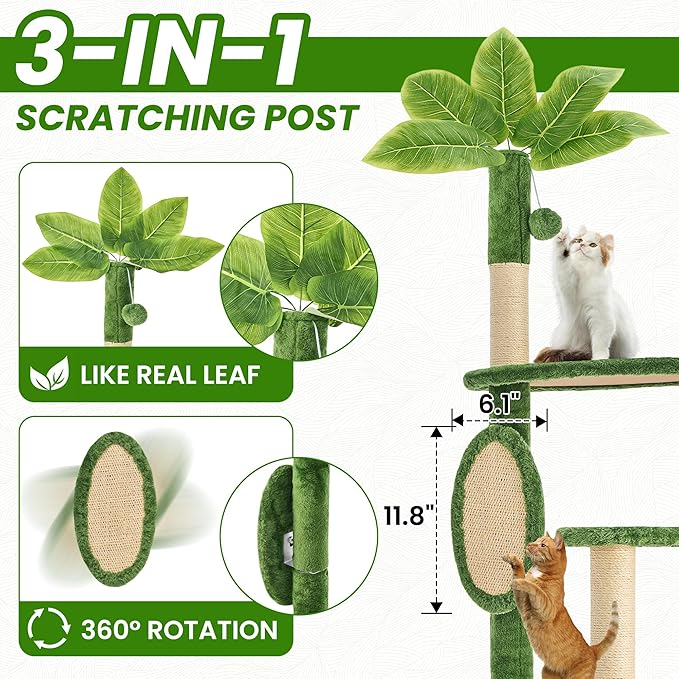 55 Inch Large Cat Tree Tower for Indoor Cats with Hammock Green Leaves Sisal Scratching Post, Plush Hang Ball Play Furniture for Kittens & Adult Cats, Green