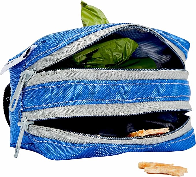 Blueberry Pet Dog Poop Bags Rolls Dispenser, Leash Attachment Holder for Dog Poop Bags, Solid Color, Dual Zippered Compartments, Lightweight, Durable, Includes Free Roll, Travel-Friendly