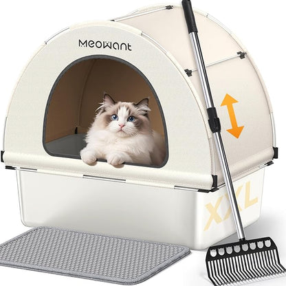 Meowant Stainless Steel Cat Litter Box, Extra Large Metal Litter Box with High Sided Oxford Fabric Cover & Extendable Scoop, Leakproof & Non-Sticky, Odor Control, No-Bend Cleaning