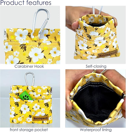 Raisingwell Dog Treat Pouch, Pocket Sized Pet Training Pouch, Cotton Fabric, Hand Free Yellow Flower Dog Walking Bag with Carabiner, Self-Closing Pet Feed Snack Reward, for Puppy Travel or Outdoor Use
