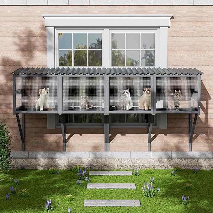 MAGIC UNION Cat Catio, Cat Window Perch for Large Indoor Cats - Expandable Wooden Windows Box Enclosure, Waterproof Window Hammock for Enjoying The Outdoor Sights (Grey, 82.6" L)