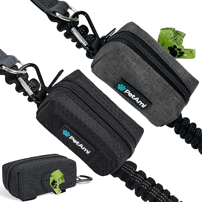 PetAmi Dog Poop Bag Holder & Waste Bag Dispenser with Clip-On Pouch Includes 1 Roll of Pet Waste Bags Portable Dog Walking Accessories for Leash, Belt or Backpack, Black/Gray, 2Pack