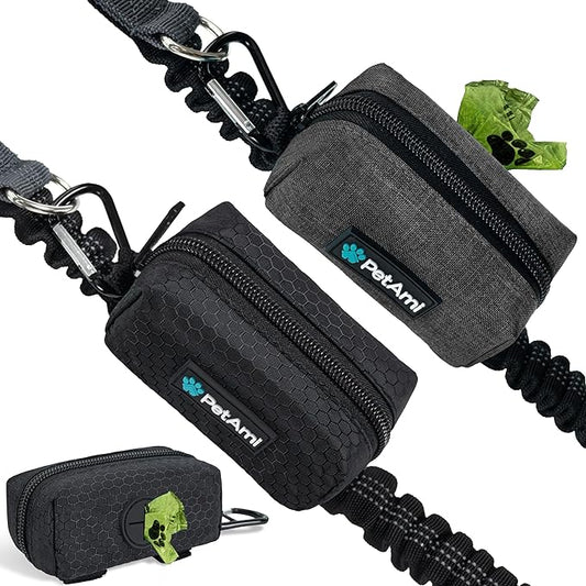 PetAmi Dog Poop Bag Holder & Waste Bag Dispenser with Clip-On Pouch Includes 1 Roll of Pet Waste Bags Portable Dog Walking Accessories for Leash, Belt or Backpack, Black/Gray, 2Pack