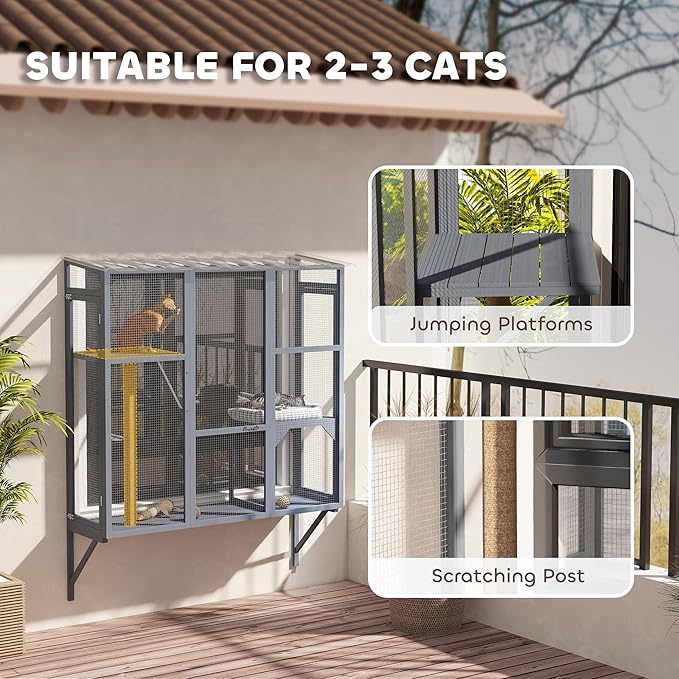 PawHut Outdoor Catio, Cat Window Catio Box Enclosure for 2-3 Large Indoor Cats with 2 Jumping Platforms, Scratching Post, for Playing, Sunbathing, Napping, Cat Window Perch for Enjoying Sights, Gray