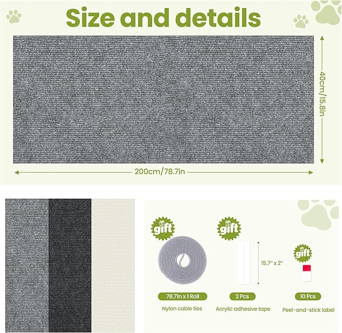 Cat Scratch Couch Furniture Protector, 78.7" x 15.8" Cat Scratcher Pad Deterrent from Cats Claws Scratching, DIY Sisal Carpet Cat Proof Couch Cover Replacement for Indoor Sofa, Wall, Door, Light Grey