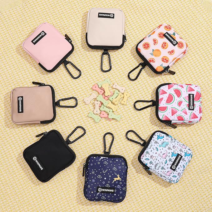 Dog Treat Pouch with Training Clicker,Waterproof Nylon Fabric Poop Bag Holders for Leashes,Hands Free Small Dog Walking Bag with Carabiner, Pet Puppy Training Walking Essentials (Watermelon)