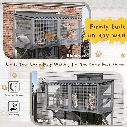 Cat Catio, Cat Window Perch for Large Cats - Catio Outdoor Cats Enclosure Windows, Patio Window Box Hommock for Sunbathing, Napping, Outside Wooden Catios for Indoor Kittens (Gray)
