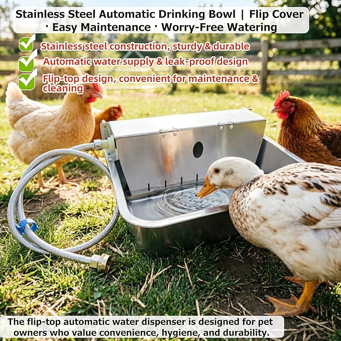 Stainless Steel Automatic Dog Water Bowl Large Capacity Wall-Mounted Pet Water Dispenser with Flip Cover Design,Suitable for Cats,Dogs,Chickens Ducks Other Poultry,Suitable for Indoor & Outdoor Use