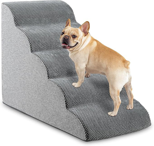 5-Step Dog Stairs, 22.6” High Foam Pet Ramp for Small Dogs & Cats – Durable Waterproof Washable Cover, Non-Slip Base, Stable Indoor Ladder for High Beds and Couch (Grey)