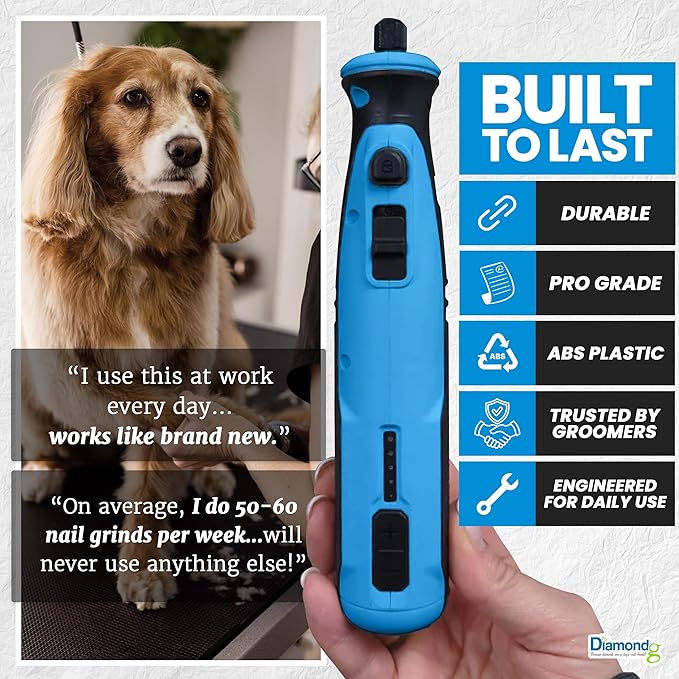 Diamondg Cordless Dog Nail Grinder with Quiet Sound & LED Tip for Large & Small Dogs, 4hrs. Runtime - Electric Dog Nail Trimmer, Heavy Duty Rotary Tool Alternative to Toenail Clippers & Filers
