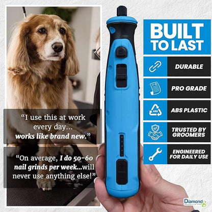 Diamondg Cordless Dog Nail Grinder with Quiet Sound & LED Tip for Large & Small Dogs, 4hrs. Runtime - Electric Dog Nail Trimmer, Heavy Duty Rotary Tool Alternative to Toenail Clippers & Filers