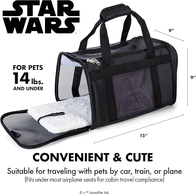 Star Wars for Pets Darth Vader Soft Pet Carrier 15” x 9” x 9” Black | for Pets 15 x 9 x 9 Dog Travel Bag| Luggage Carrier for Dogs, Fits Under Plane Seat (FF19635)