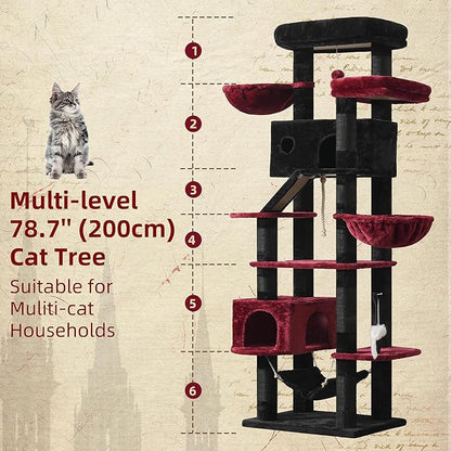 Gothic Cat Tree for Large Cats, 78.7"(200cm) Tall Cat Tower for Indoor Cats Multiple Cats with Large Top Perch, Cat Condo, Cat Hammcok, Cat Scratching Post, Black and Red GCT031BR