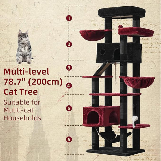Gothic Cat Tree for Large Cats, 78.7"(200cm) Tall Cat Tower for Indoor Cats Multiple Cats with Large Top Perch, Cat Condo, Cat Hammcok, Cat Scratching Post, Black and Red GCT031BR