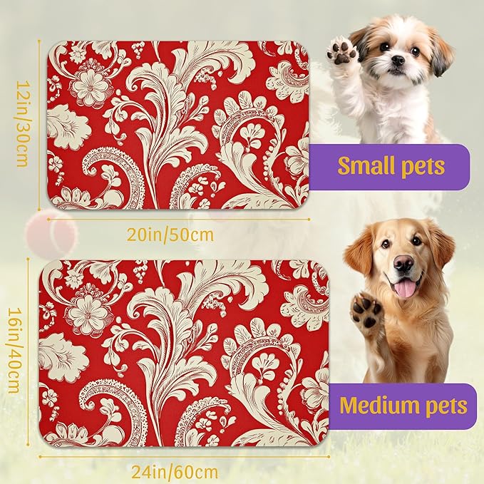 Red White Paisley Pet Food Mat, Absorbent Feeding Pad for Dogs and Cats, Waterproof Anti-Slip Base – 12x20 Inch