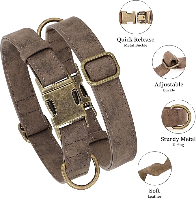 Didog Soft PU Leather Dog Collar, Stylish Quick Released Dog Collar for Large Dogs, Easy Clean Adjustable Pet Collar for Daily Walking, Brown, L Fit 16-22" Neck