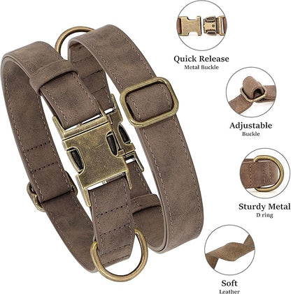 Didog Soft PU Leather Dog Collar, Stylish Quick Released Dog Collars for Medium Dogs, Easy Clean Adjustable Pet Collar for Daily Walking, Brown, M Fit 14-18" Neck