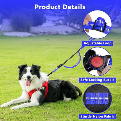 Hands Free Dog Leash with Zipper Pouch, Running Waist Leash for Dog Walking, Adjustable Waist Belt for Large Dogs, Reflective Bungee Design with Two Handle for Hiking, Training, Royal Blue