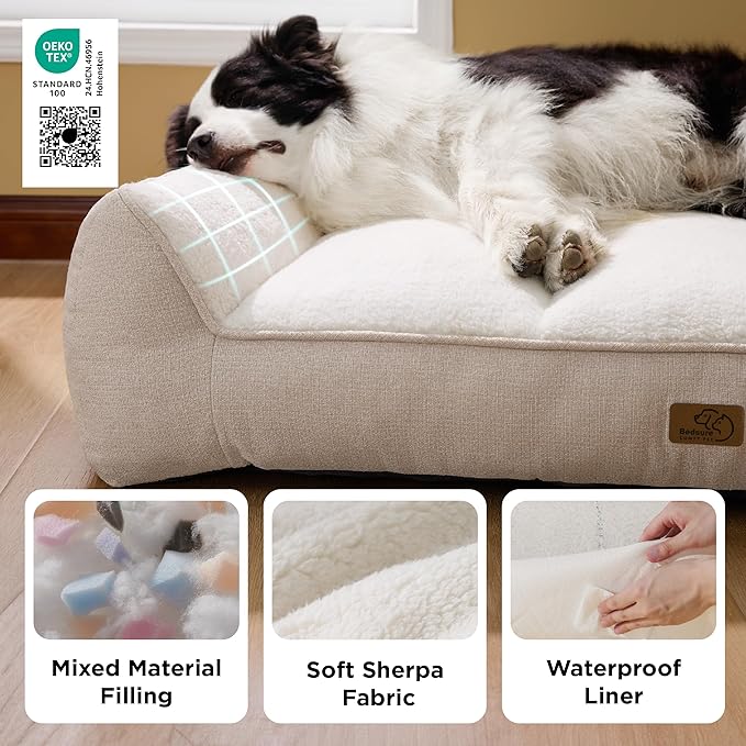 Bedsure SupportMax™ XL Orthopedic Dog Beds Large Sized Dog - As Seen on TV Extra Thick Supportive Dogs Couch with Waterproof Washable Cover, Extra Large Comfort Pet Sofa with Soft Sherpa, Beige