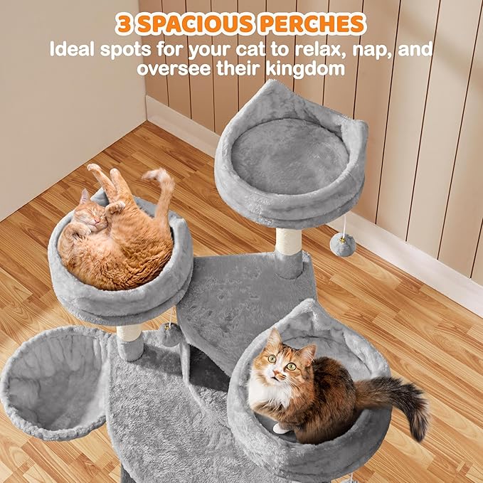 Yaheetech | 68.5in Cat Tree | for Large Cats | Multi-Level Cat Tower with 3 Wide Perches, Large Condo | Stable Pet Play House w/Sisal-Covered Scratching Posts & Board | Light Gray