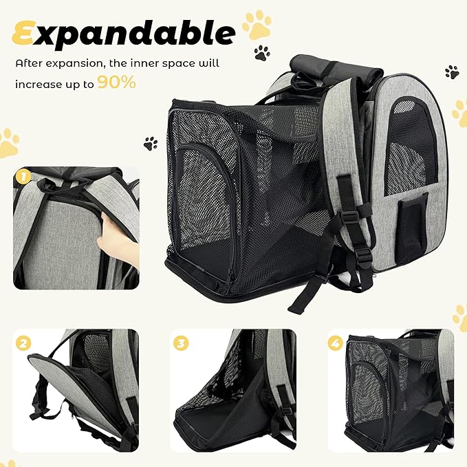 Zavothy Cat Backpack Carrier, Expandable Airline Approved Pet Backpack for Small Cats & Dogs, Breathable Mesh Cat Carrier Backpack with Padded Bottom, Foldable Travel Bag - Grey