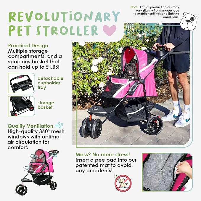 Petique Revolutionary Durable Pet Stroller, Easy Fold, Quality mesh Windows, Large Storage Basket, Secure Cup Holder Tray, Small/Medium Dogs, Cats and Pets, Supports up to 55LBS - Supernova (Pink)