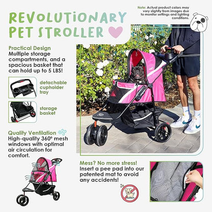 Petique Revolutionary Durable Pet Stroller, Easy Fold, Quality mesh Windows, Large Storage Basket, Secure Cup Holder Tray, Small/Medium Dogs, Cats and Pets, Supports up to 55LBS - Supernova (Pink)