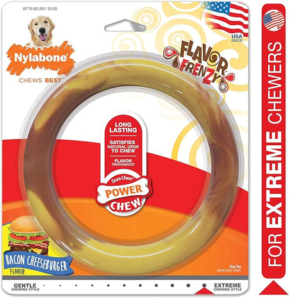 Nylabone Power Chew Flavor Frenzy Ring Chew Toy for Dogs, Indestructible Chew Toys for Aggressive Chewers, Bacon Cheeseburger Flavor, Large/Giant - Up to 50 lbs. (1 Count)