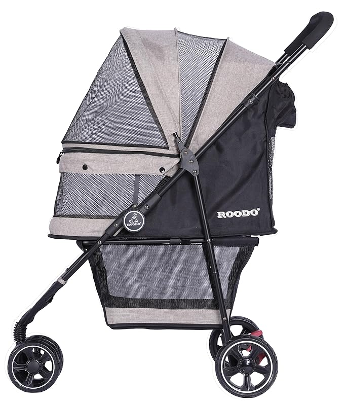 ROODO 3 Wheel Dog Pet Cat Stroller Best Lightweight Foldable Compact Portable Jogger All Terrain Travel Pet Gear Puppy Kitty Stroller for up to 30lbs Medium Small Dogs and Cats(Light Khaki)