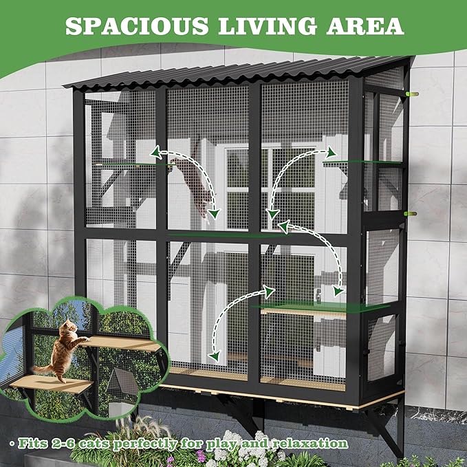 Catio Outdoor Cat Enclosure Window Perch, Expandable Cat Window Box for Multiple Indoor Cats w/4 Platforms & 4 Doors, Patio Kitten House for Sunbathing Overlooking Tunnel Connection (Black)