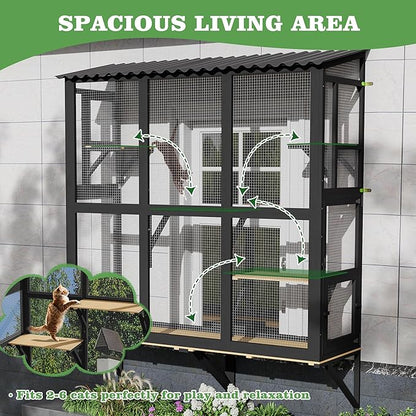 Catio Outdoor Cat Enclosure Window Perch, Expandable Cat Window Box for Multiple Indoor Cats w/4 Platforms & 4 Doors, Patio Kitten House for Sunbathing Overlooking Tunnel Connection (Black)