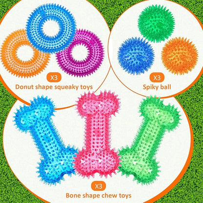 Yunsailing 9 Pcs Dog Squeaky Toys Set, Gift for Dog Squeaky Balls Donut Bone Shape Teething Toys for Small Medium TPR Rubber Pet Chew for Training Fetching Teething