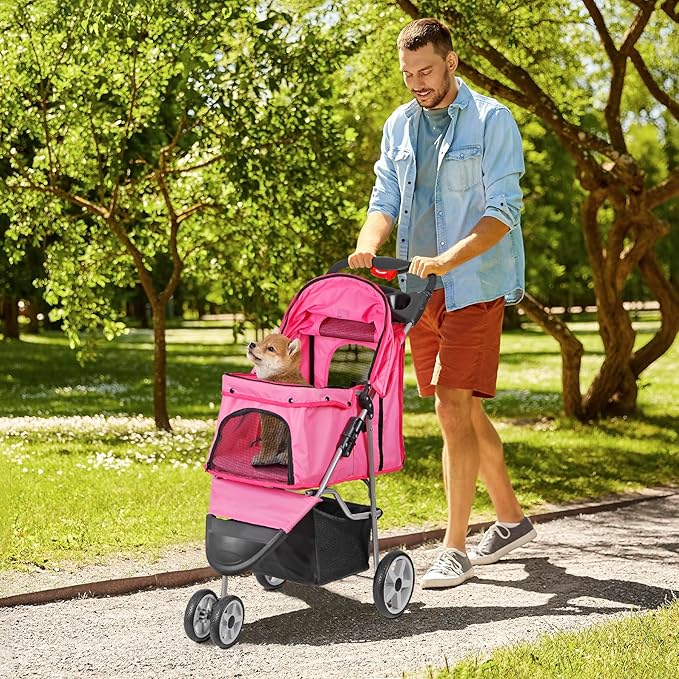 ZENY Foldable Pet Stroller, Cat/Dog Stroller with 3 Wheel, Pet Strolling Cart, Dog Travel Carrier with Storage Basket + Cup Holder (Pink)