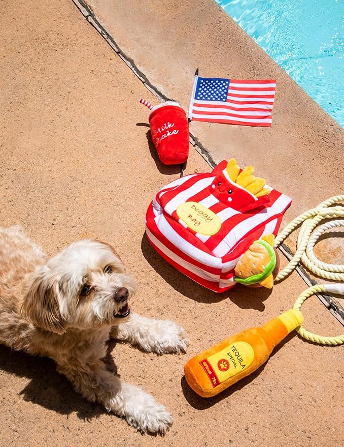 Glow Pups Dog Toy French Fries, Squeaky Plush Food Parody Toy, Easy to Clean, Promotes Mental Stimulation, Keeps Dog Entertained, 6" x 5", Red Plush Toy