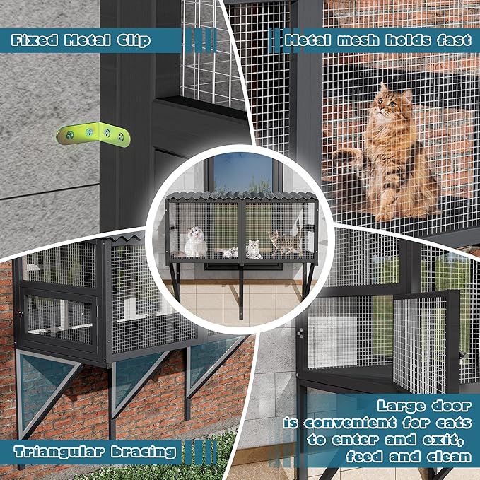 MAGIC UNION Cat Catio, Cat Windows Perch for Large Indoor Cats - Expandable Wooden Windows Box Enclosure, Waterproof Window Hammock for Safely Enjoying The Outdoor Sights (Black, 82.6" L)