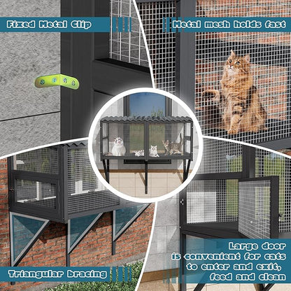 MAGIC UNION Cat Catio, Cat Windows Perch for Large Indoor Cats - Expandable Wooden Windows Box Enclosure, Waterproof Window Hammock for Safely Enjoying The Outdoor Sights (Black, 82.6" L)