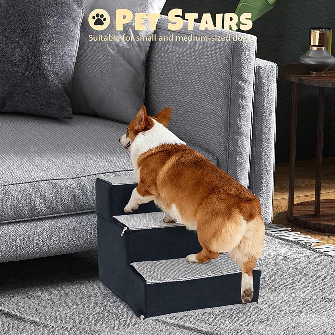 Dog Stairs for Small Dogs, 3 Step Dog Stair for High Bed and Couch, Non-Slip High Density Foam Sturdy Pet Steps with Removable Washable Cover for Older Cat