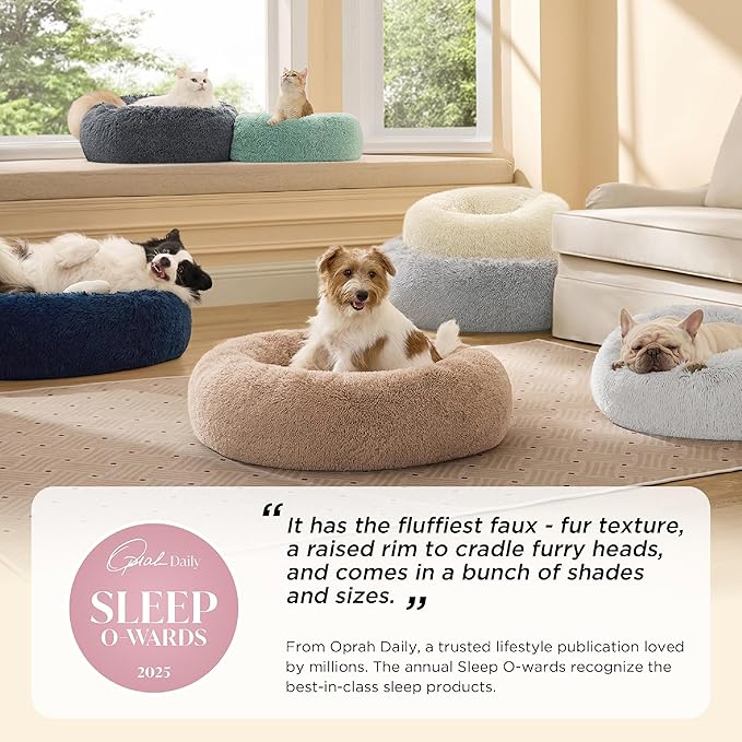Bedsure Calming Cat Beds for Indoor Cats - Small Cat Bed Washable 20 inches, Anti-Slip Round Fluffy Plush Faux Fur Pet Bed, Fits up to 15 lbs Pets, Frost Grey